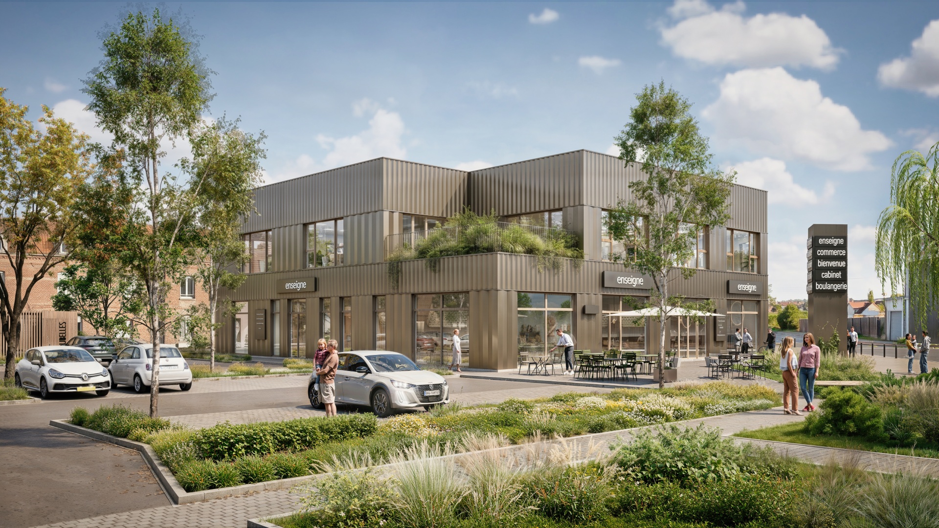 Perspective 3D du cœur d'îlot d'un projet de commerces et de bureaux à Anstaing pour DBI