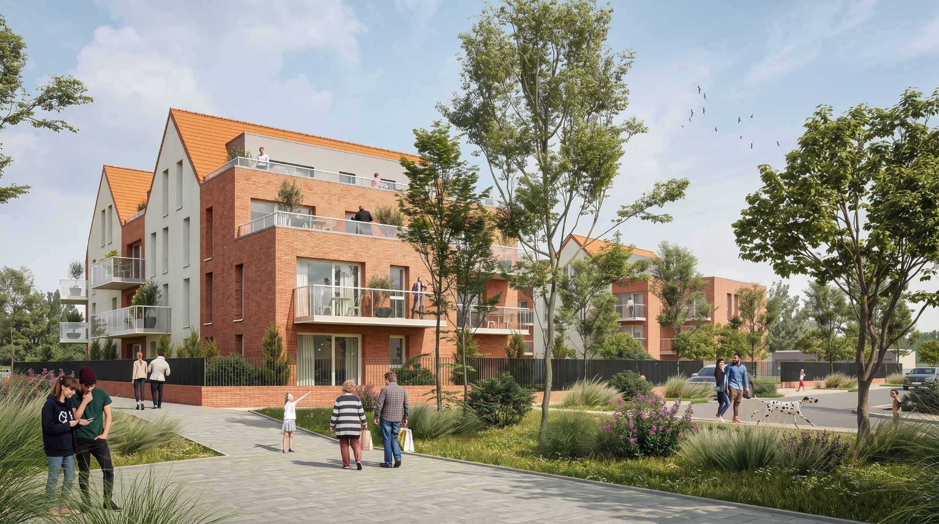 Perspective 3D d'un projet de logements collectifs à Frelinghien pour Maes