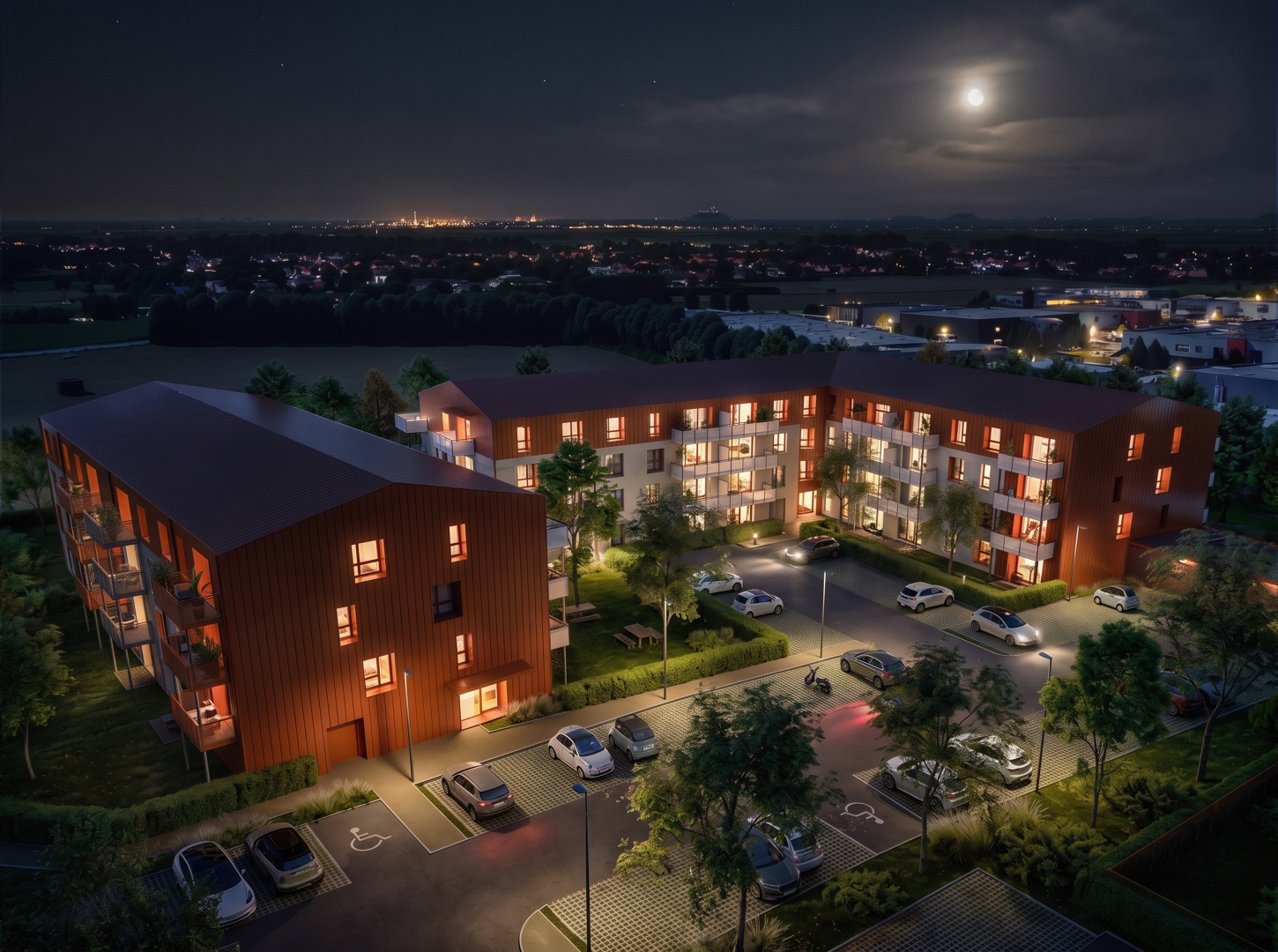 Perspective 3D aérienne de nuit d'un projet de logements collectifs à Hallennes-Lez-Haubourdin pour Tisserin et DDP