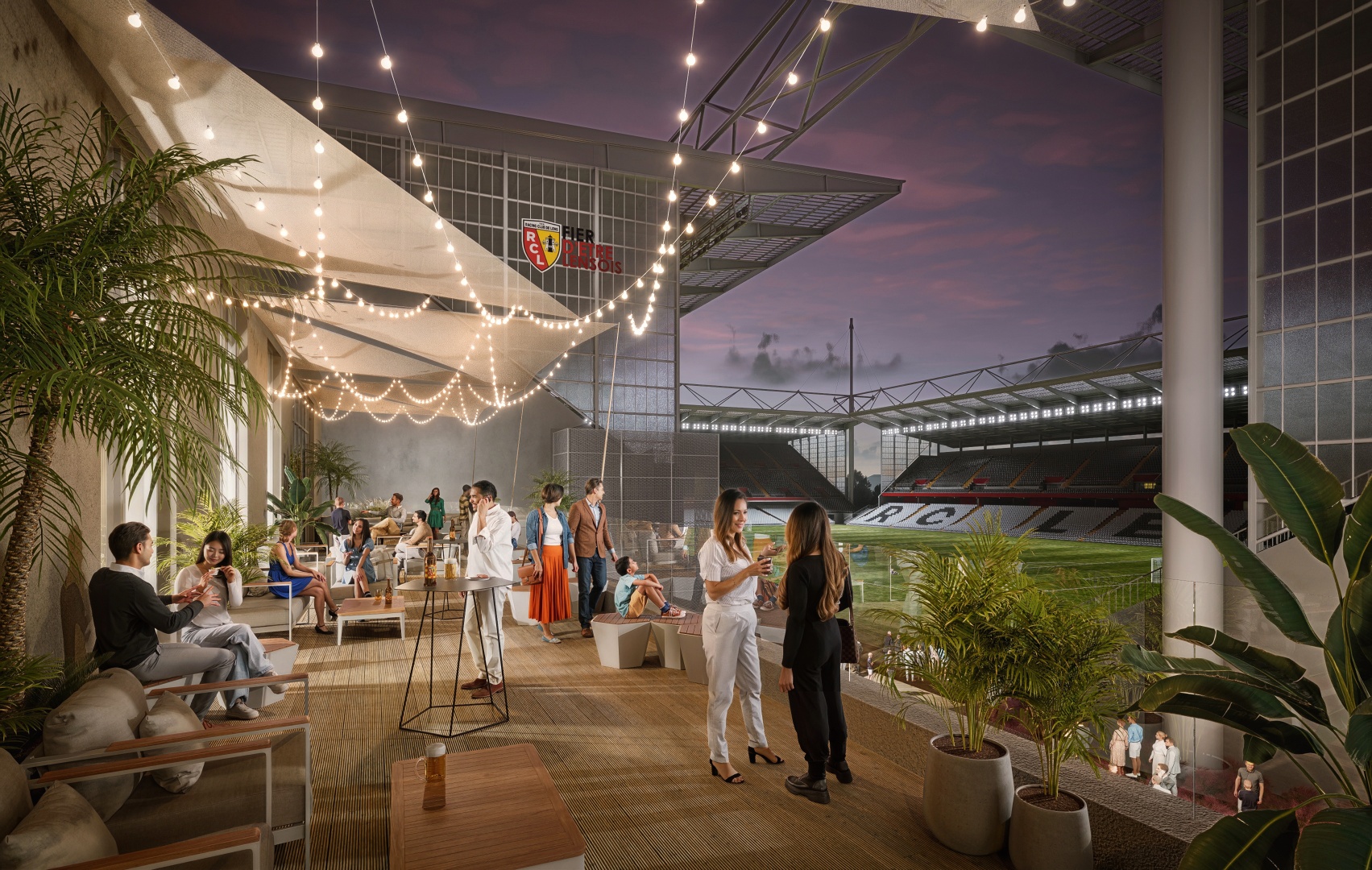 Perspective 3D pour la vue sur une terrasse d'un commerce à Lens Bollaert pour Avantpropos