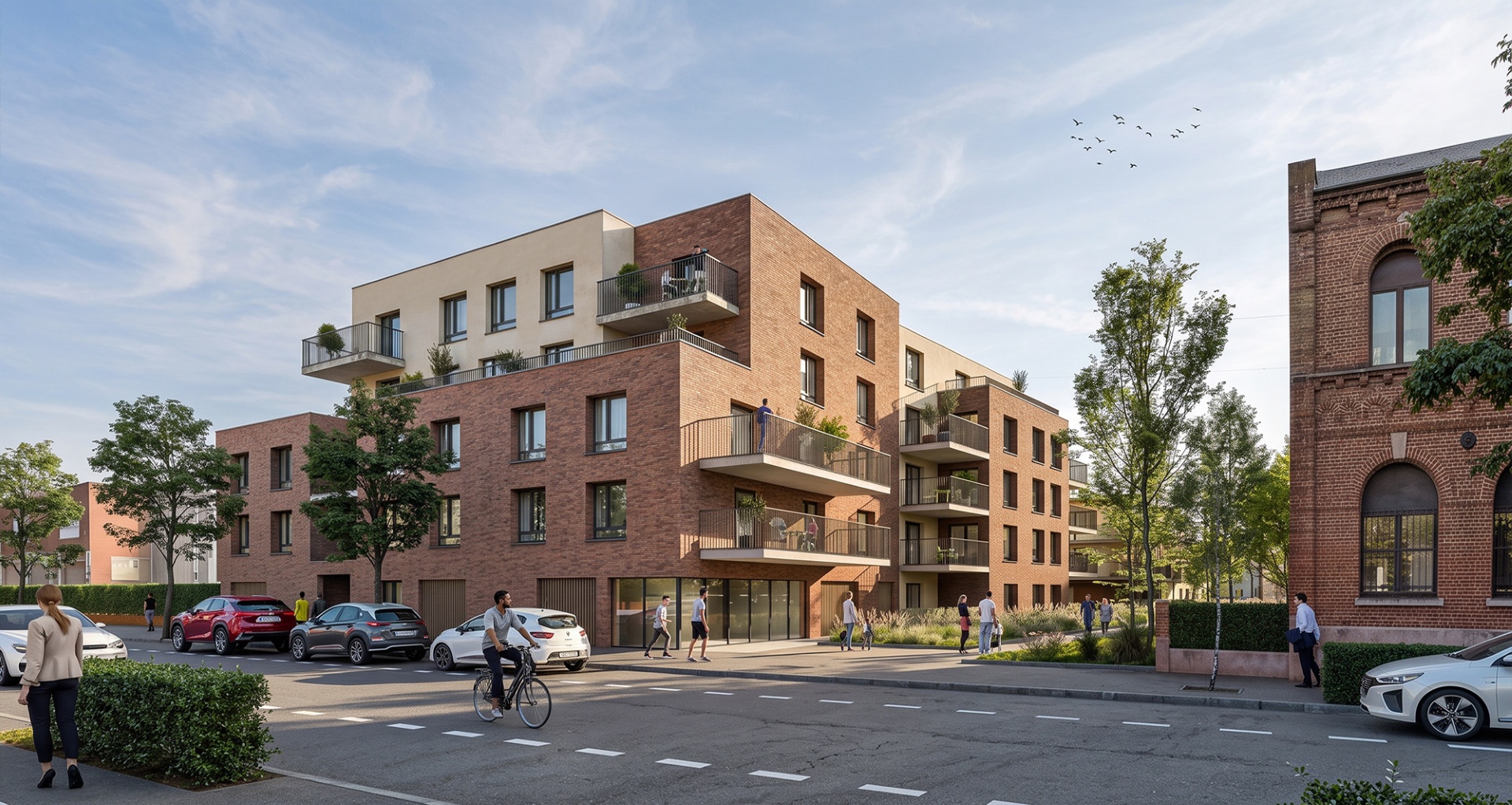 Perspective 3D d'un projet de logements collectifs et commerces à Roubaix pour Vinci Immobilier et Maes