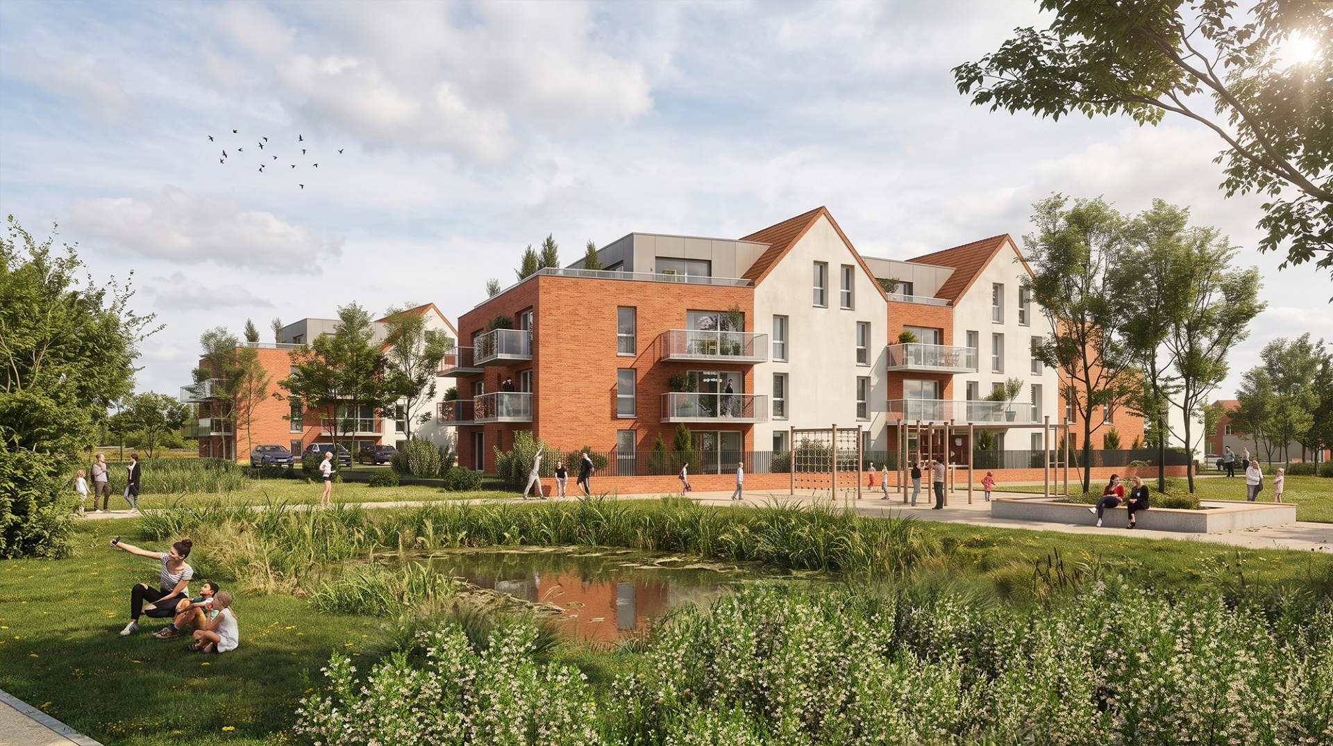 Perspective 3D d'un projet de logements collectifs à Frelinghien pour Maes