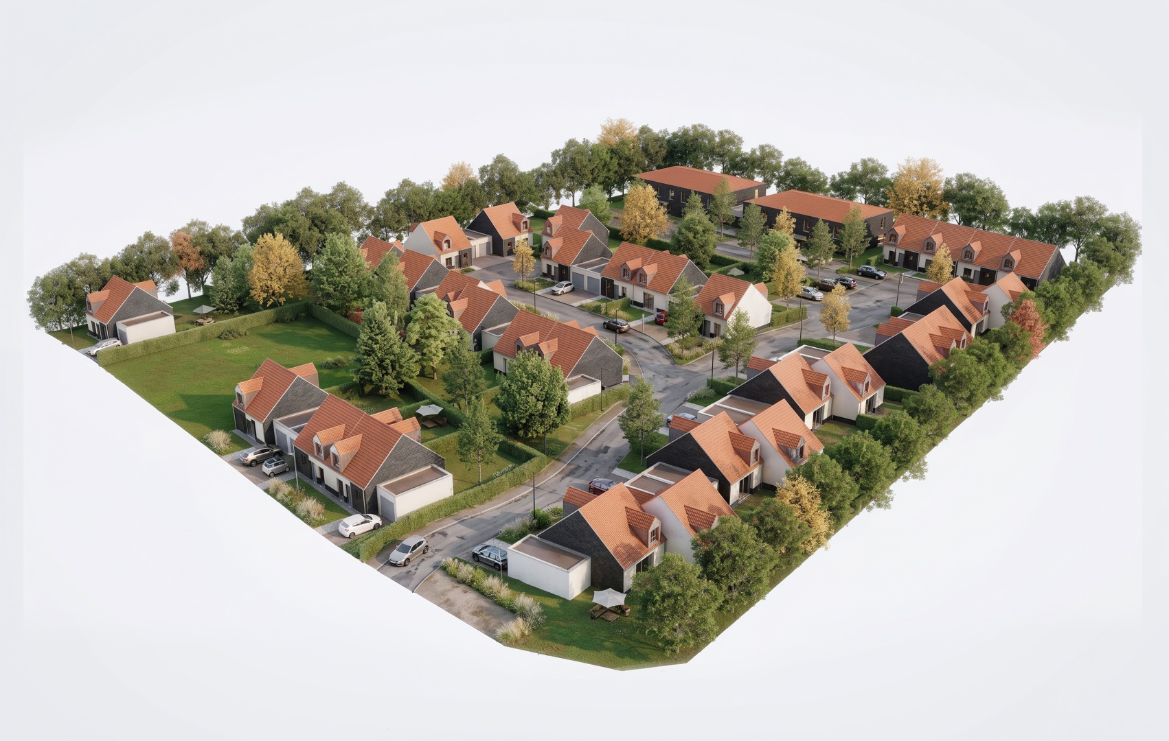 Perspective 3D aérienne d'un projet de logements individuels à Wimereux pour Bouygues Immobilier et AADA