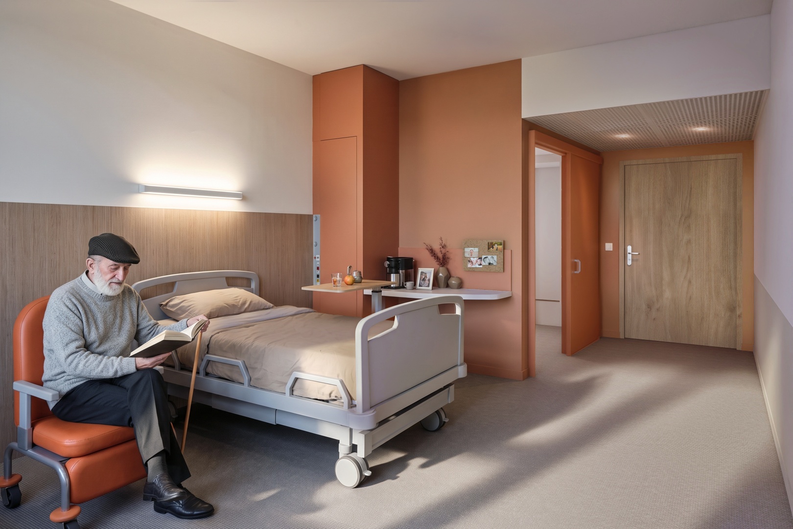 Perspective 3D intérieure d'une chambre d'hôpital type à Roncq pour Maes