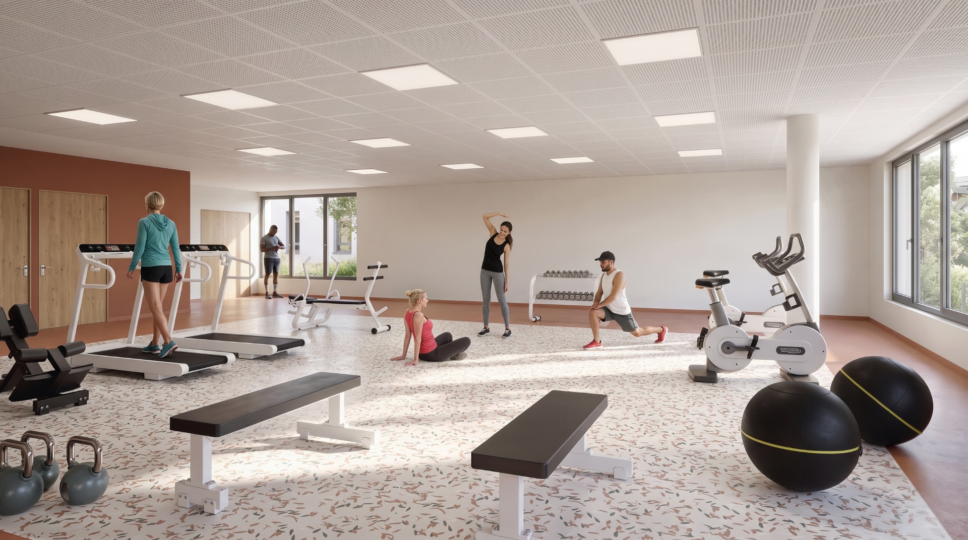 Perspective 3D intérieure d'une salle de kiné à Roncq pour Maes
