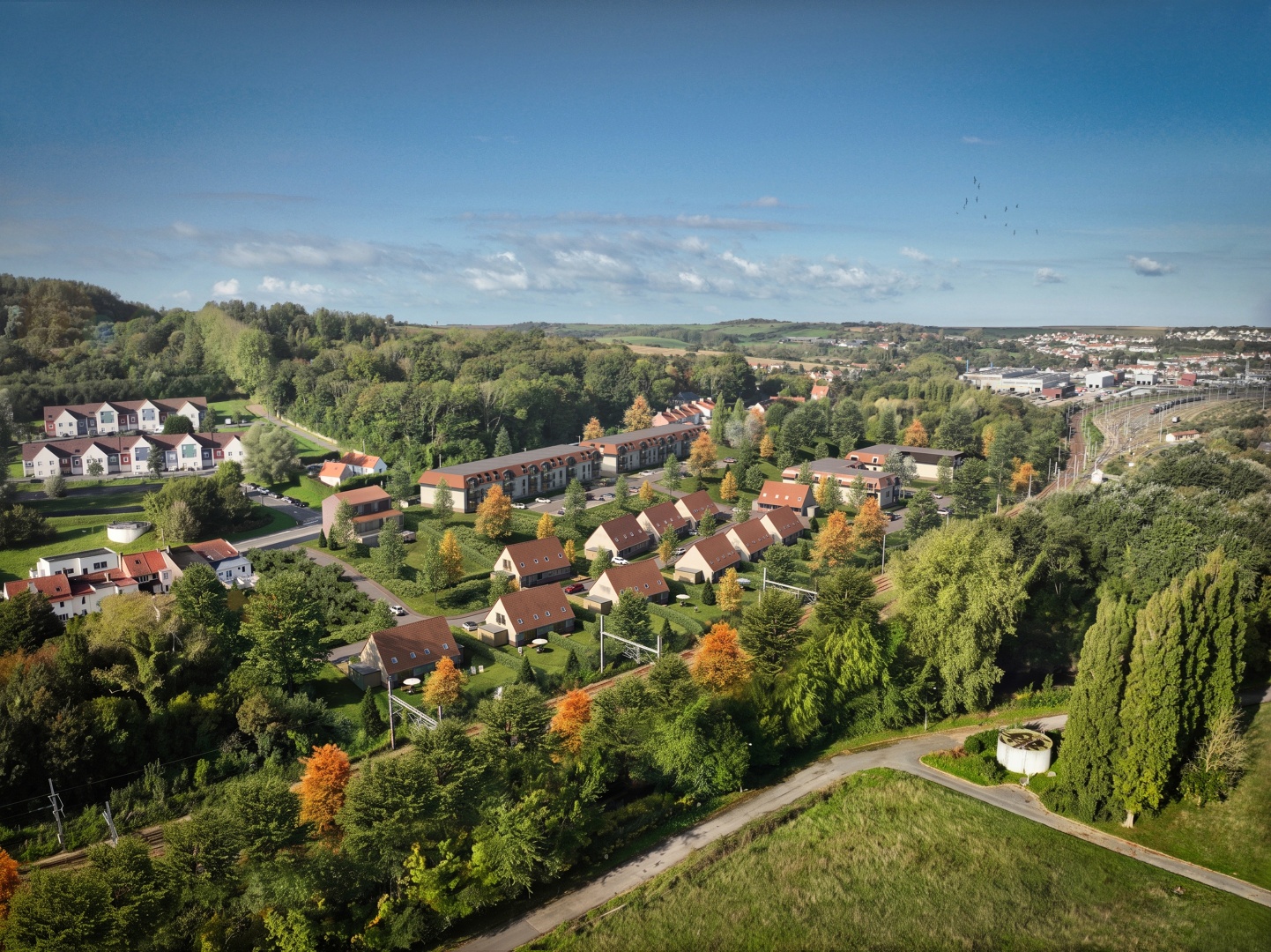 Perspective 3D aérienne d'un projet de logements individuels à Saint-Étienne-au-Mont pour Nacarat et DDP