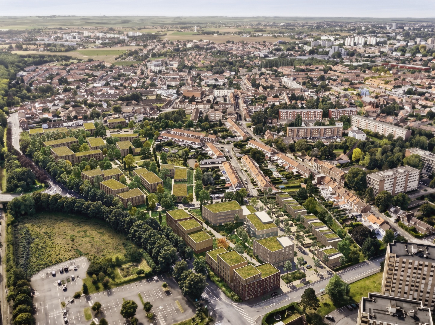 Perspective 3D aérienne de la Zac Jappe Geslot à Faches-Thumesnil – Vilogia